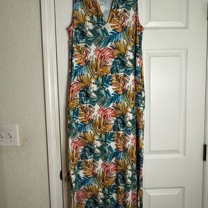 Chico's Tropical Leaf Print Maxi Dress in Teal, Mustard & Coral on White